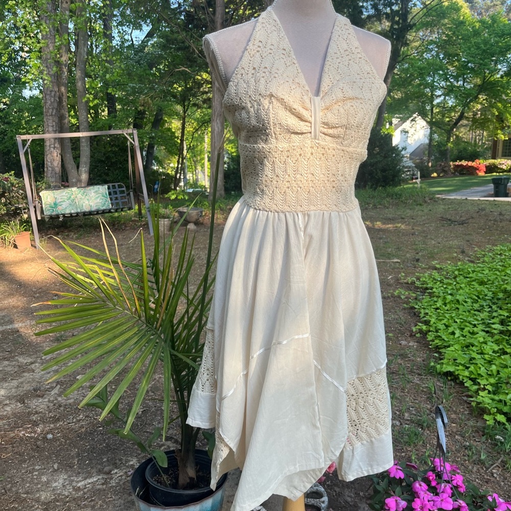 Boho Custom Halter Dress, Linen + Crochet, Cream, Like New, Small/Medium
